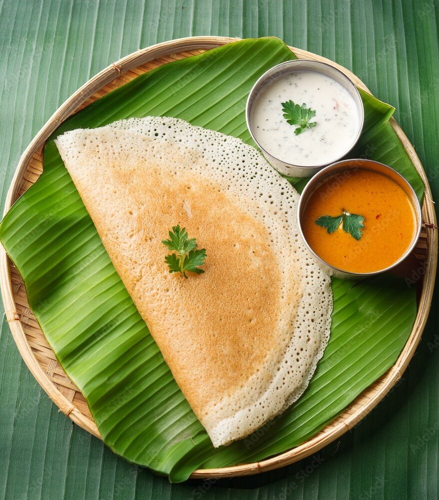 South indian food dosa also called dosai, dosey, or dosha served with  sambhar and coconut chutney